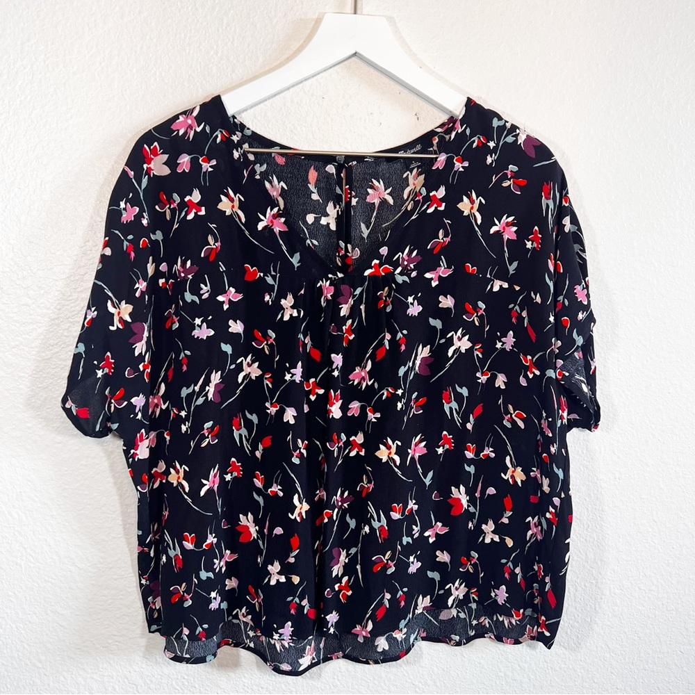 Madewell black short sleeve floral blouse